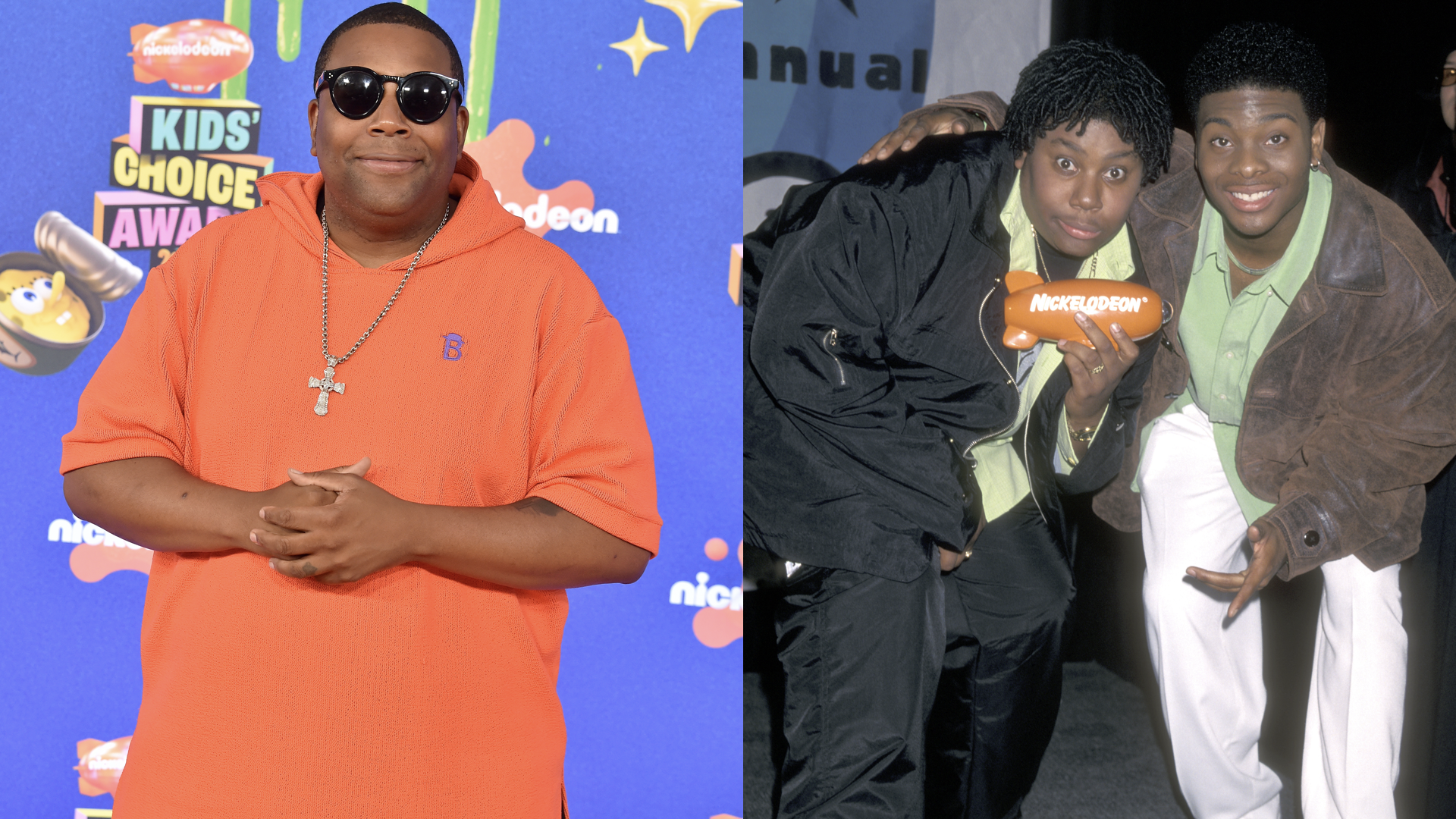 Kenan Thompson attends the 2024 Nickelodeon's Kids' Choice Awards at Barker Hangar on July 13, 2024/Actor Kenan Thompson and actor Kel Mitchell attend the 11th Annual Nickelodeon's Kids' Choice Awards on April 4, 1998 at UCLA's Pauley Pavilion in Westwood, Californi