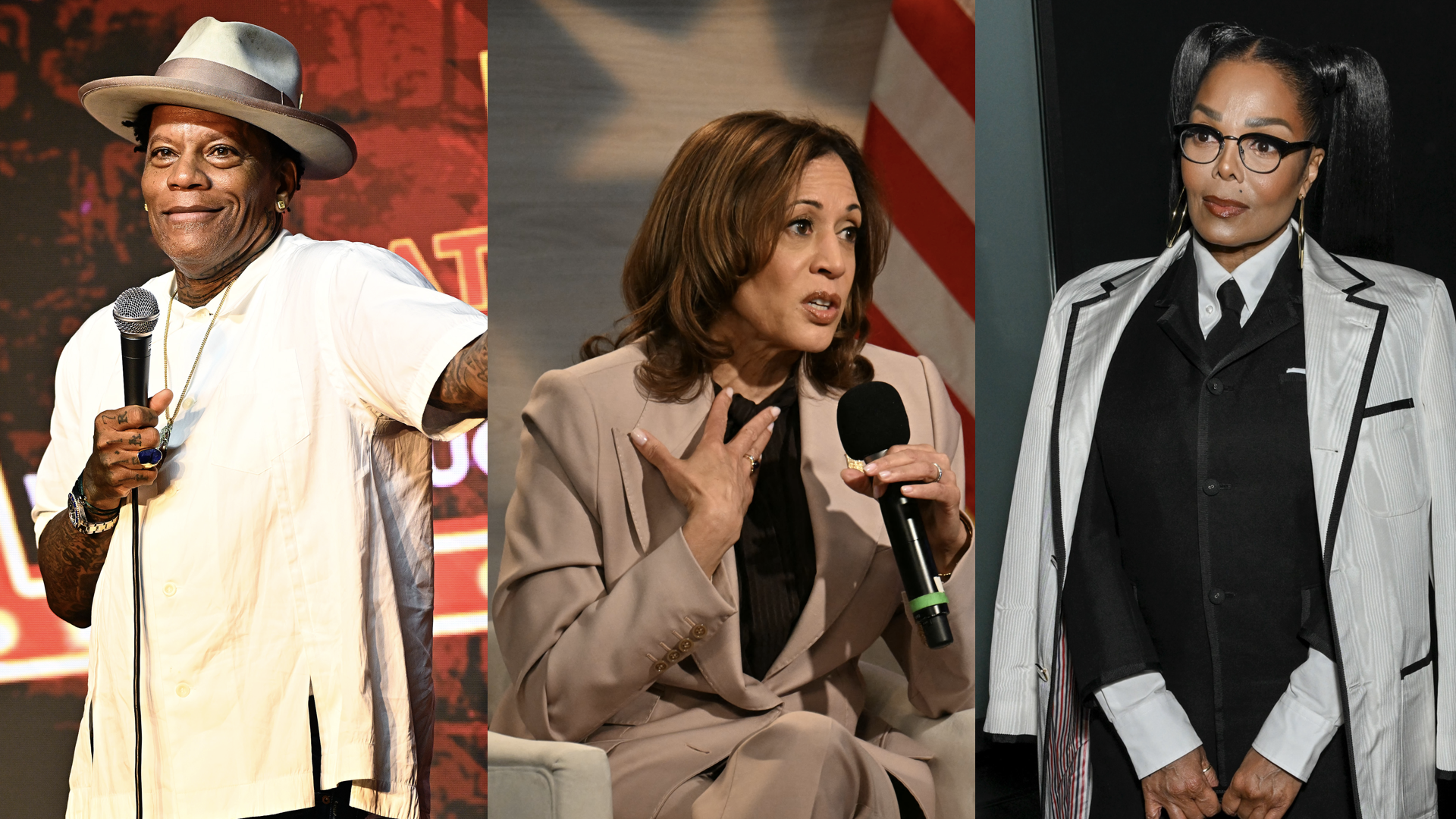 Comedian D.L. Hughley performs at The Ice House Comedy Club on September 11, 2024 in Pasadena, California/US Vice President and Democratic presidential candidate Kamala Harris speaks during a discussion hosted by the National Association of Black Journalists (NABJ), in Philadelphia, Pennsylvania, on September 17, 2024/Janet Jackson at Thom Browne RTW Fall 2024 as part of New York Ready to Wear Fashion Week held at The Shed on February 14, 2024 in New York, New York