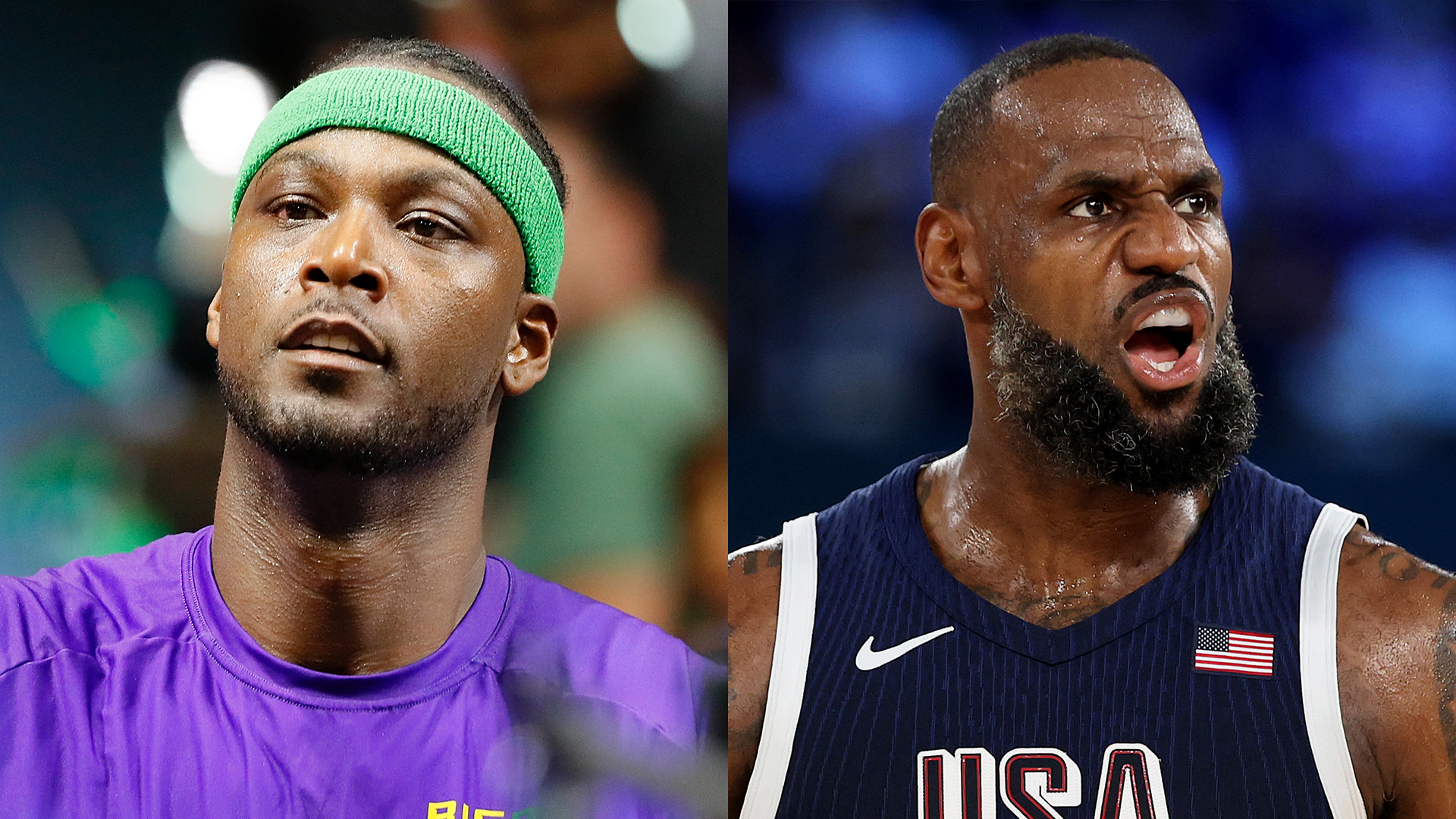 Kwame Brown during a BIG3 game, and LeBron James during the 2024 Olympics.