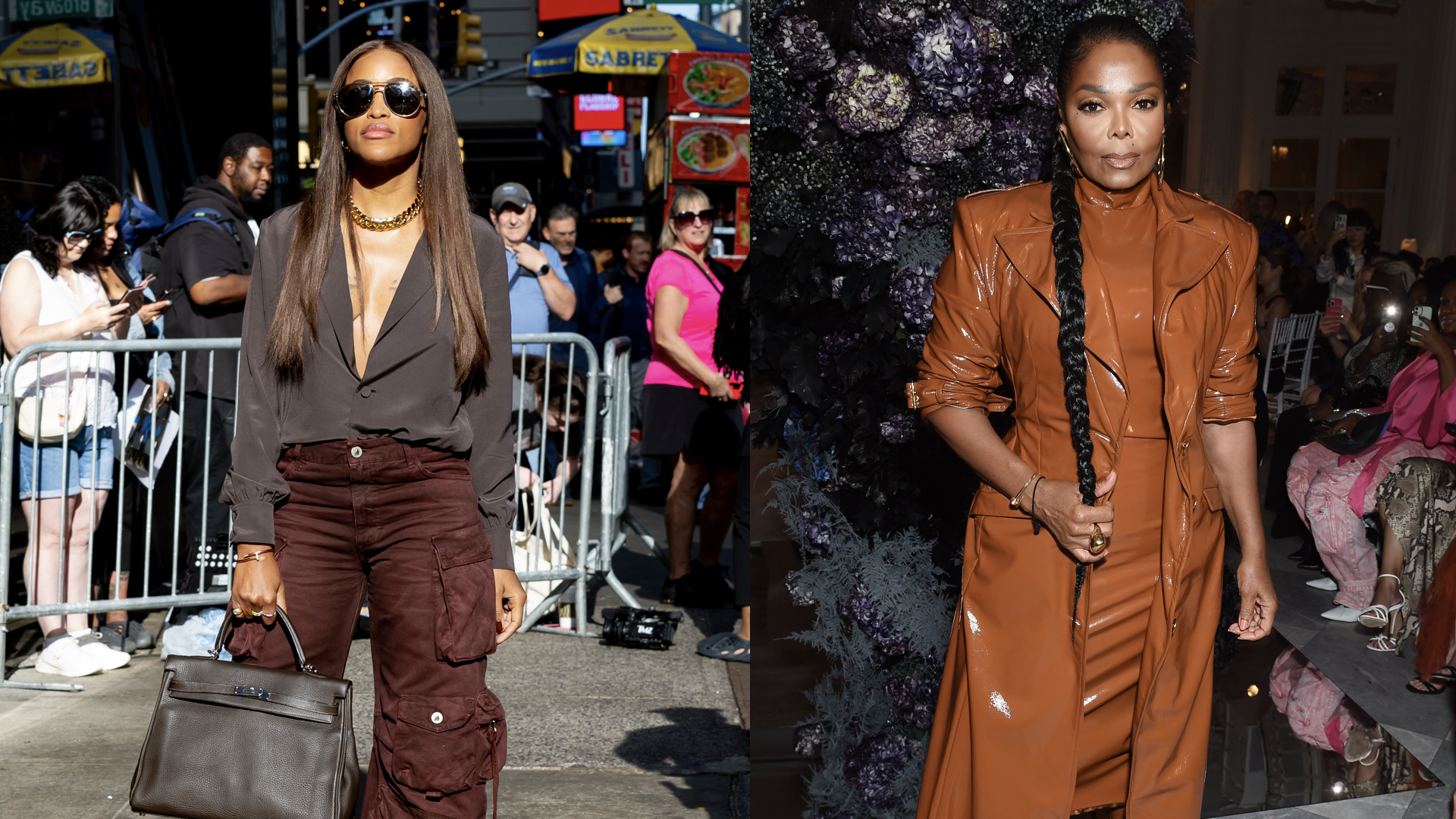 Eve is seen in Times Square on September 16, 2024 in New York City/Janet Jackson at the Christian Siriano Spring 2024 Ready To Wear Fashion Show at the Pierre Hotel on September 8, 2023 in New York, New York
