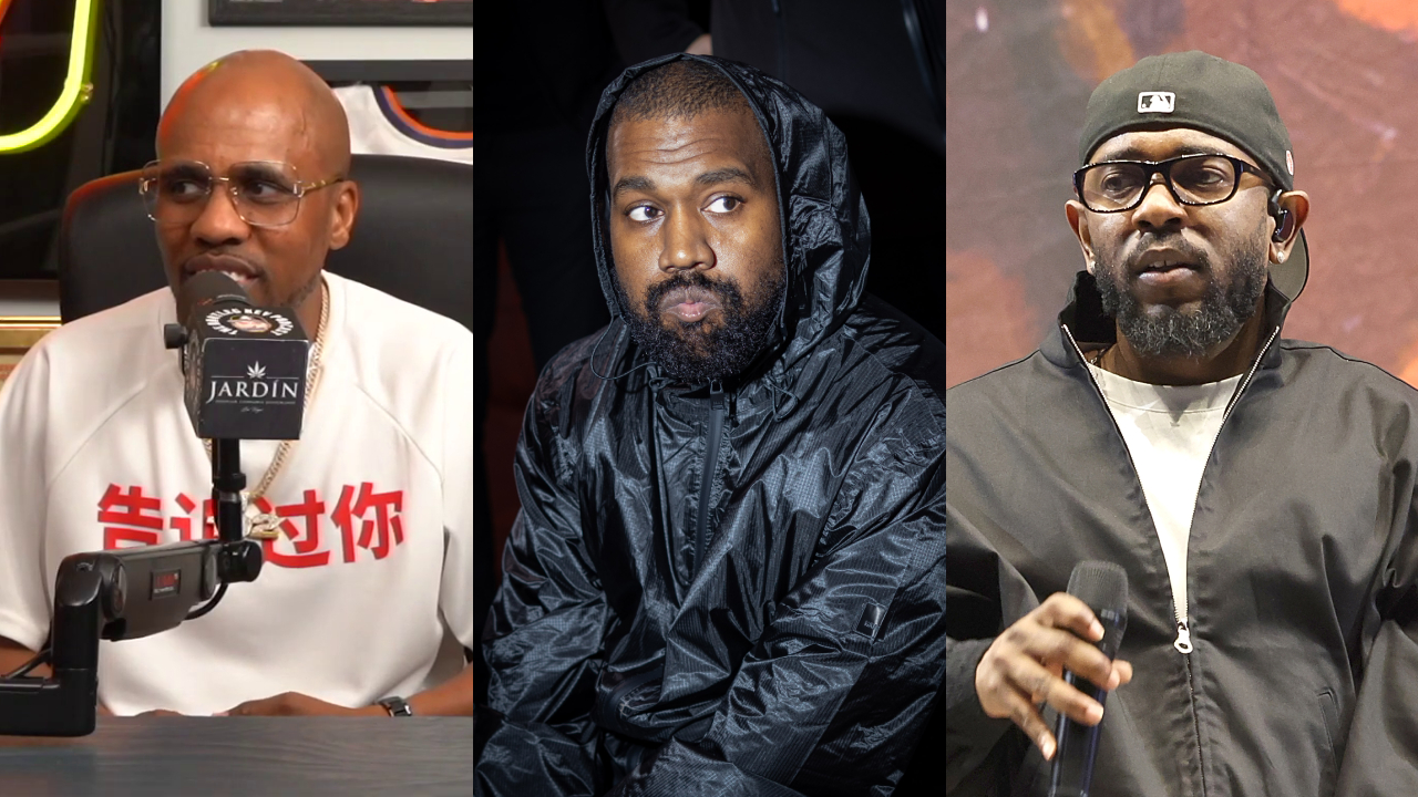 Split image. Left: Consequence. Center: Kanye West. Right: Kendrick Lamar.