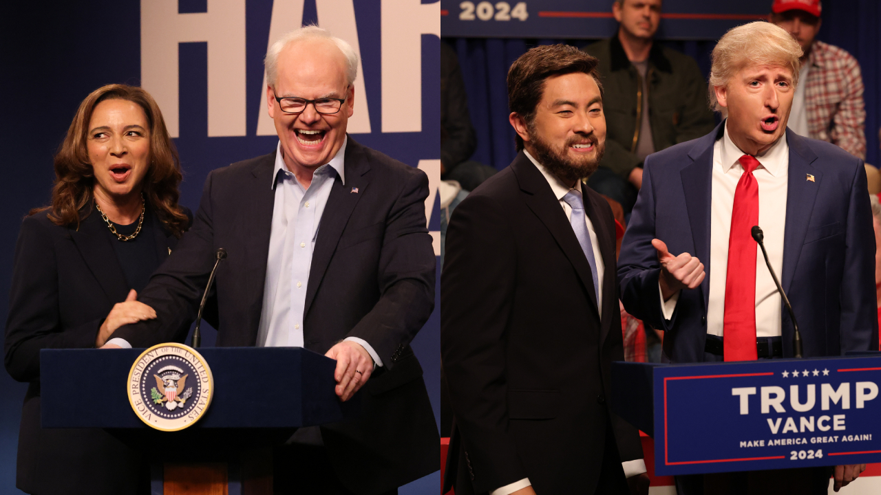 Split image of Saturday Night Live's "Campaign" Cold Open. Left: Maya Rudolph as Kamala Harris and Jim Gaffigan as Tim Walz. Right: Bowen Yang as JD Vance and James Austin Johnson as Donald Trump.