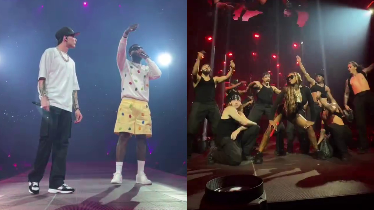 Split image. Left: Peso Pluma with Gucci Mane. Right: Sexyy Red performing.