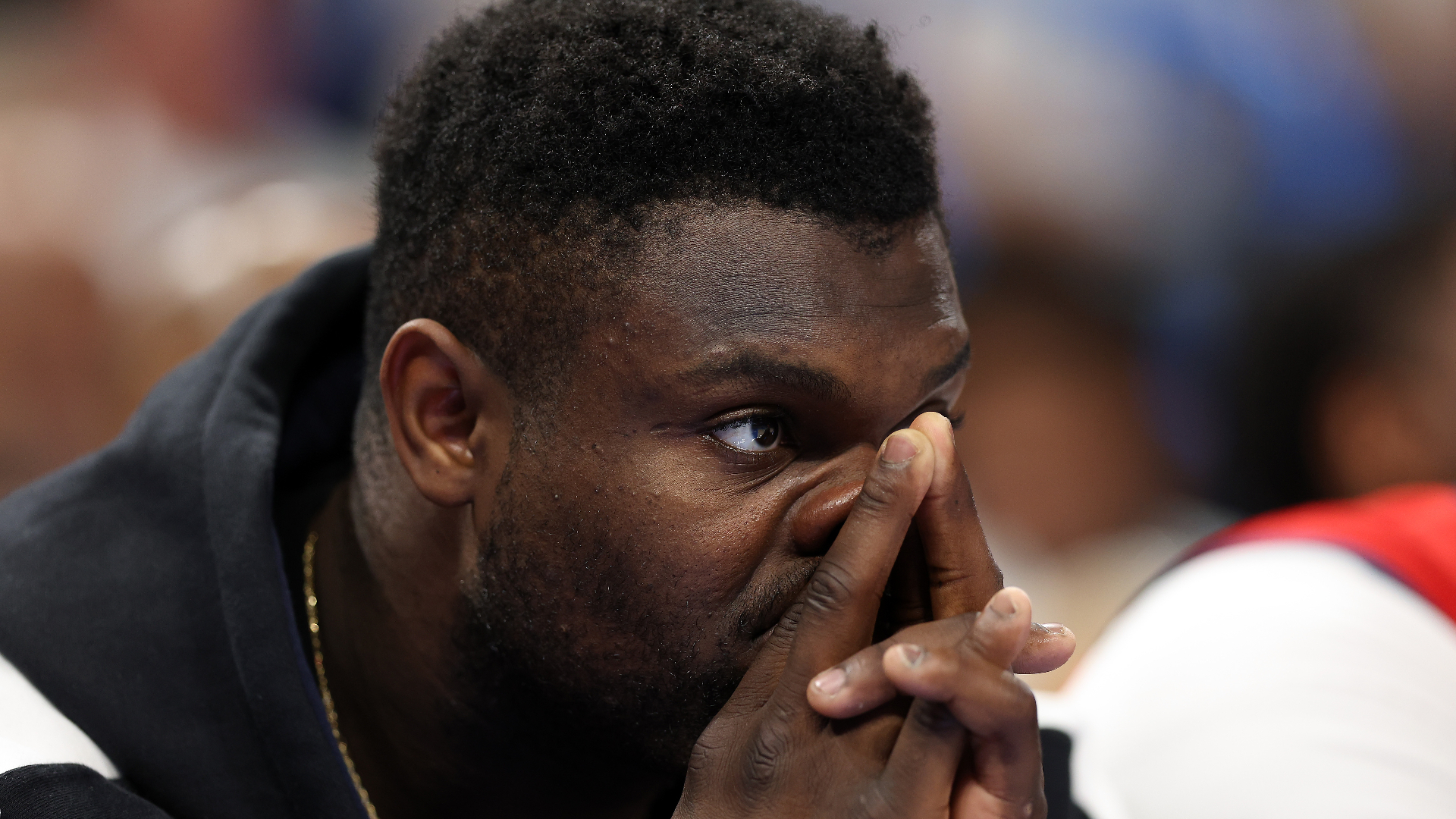Zion Williamson sits on the bench during game two of the first round of the NBA playoffs.