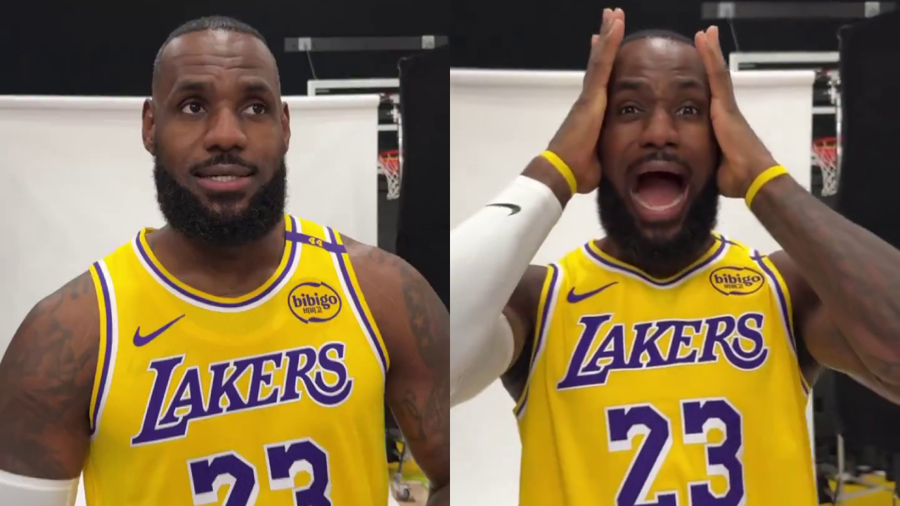 Split image of LeBron James thinking and reacting