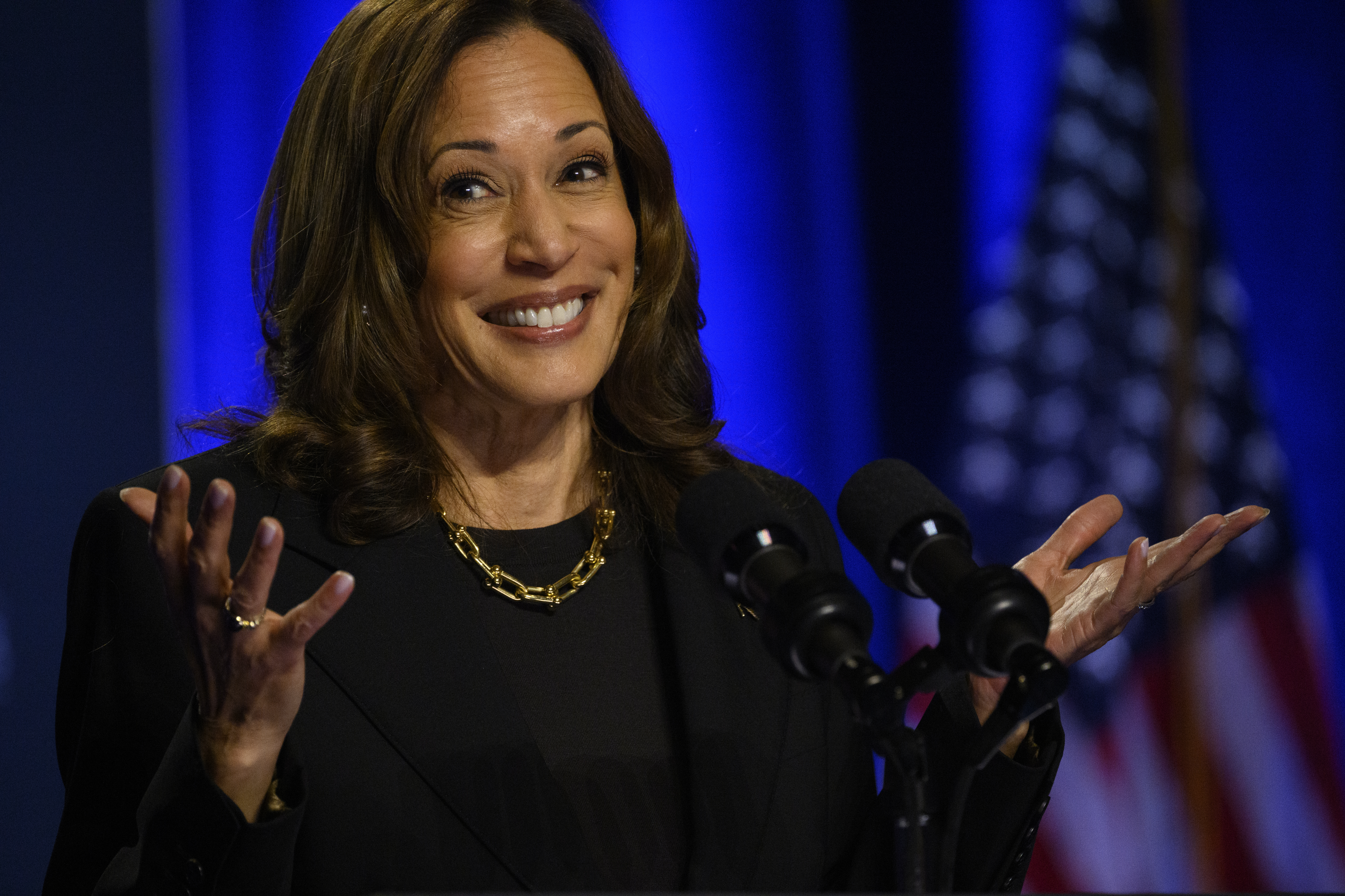 US Vice President and Democratic nominee for President Kamala Harris speaks at an event hosted by The Economic Club of Pittsburgh at Carnegie Mellon University on September 25, 2024 in Pittsburgh, Pennsylvania. 
