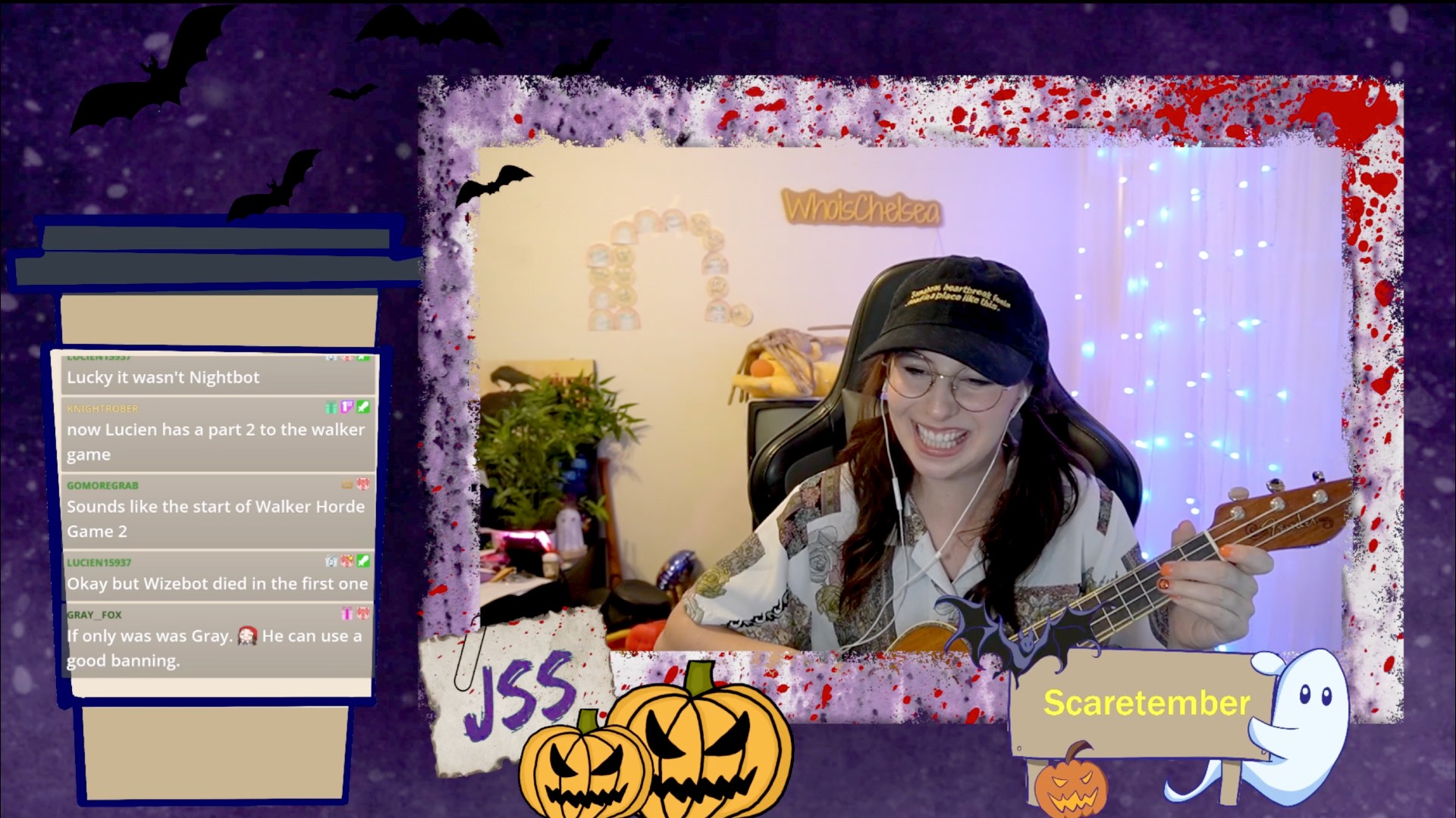 Twitch streamer WhoisChelsea strums what appears to be a ukulele during her September 30 livestream.