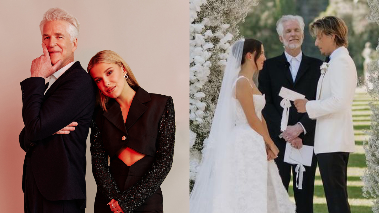 Split image. Left: Millie Bobby Brown posing with Matthew Modine. Right: Brown with Jake Bongiovi at their wedding being officiated by Modine.
