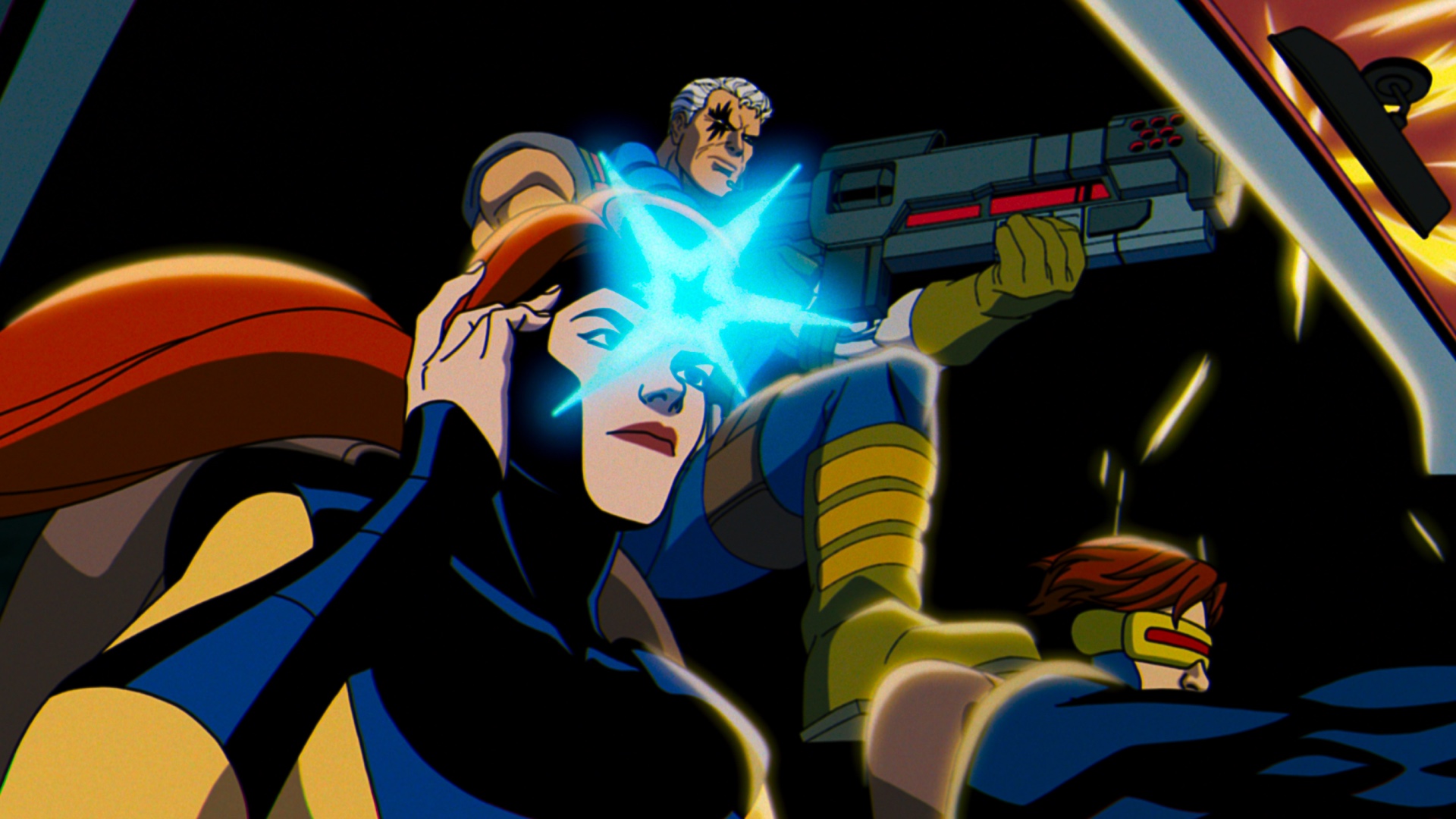 Jean Grey (left), Cable (center), and Cyclops (right) engage in combat from what appears to be a ship's cockpit.