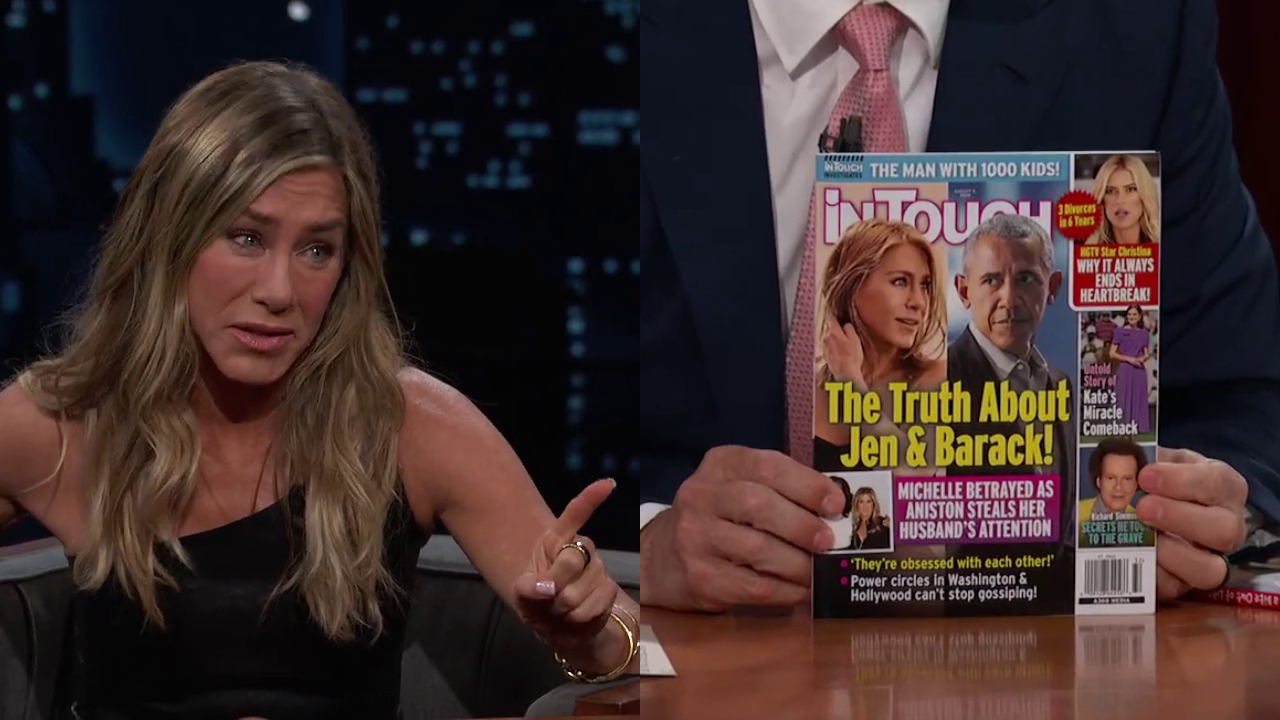 Split image. Left: Jennifer Aniston. Right: Magazine cover with Aniston and Barack Obama.