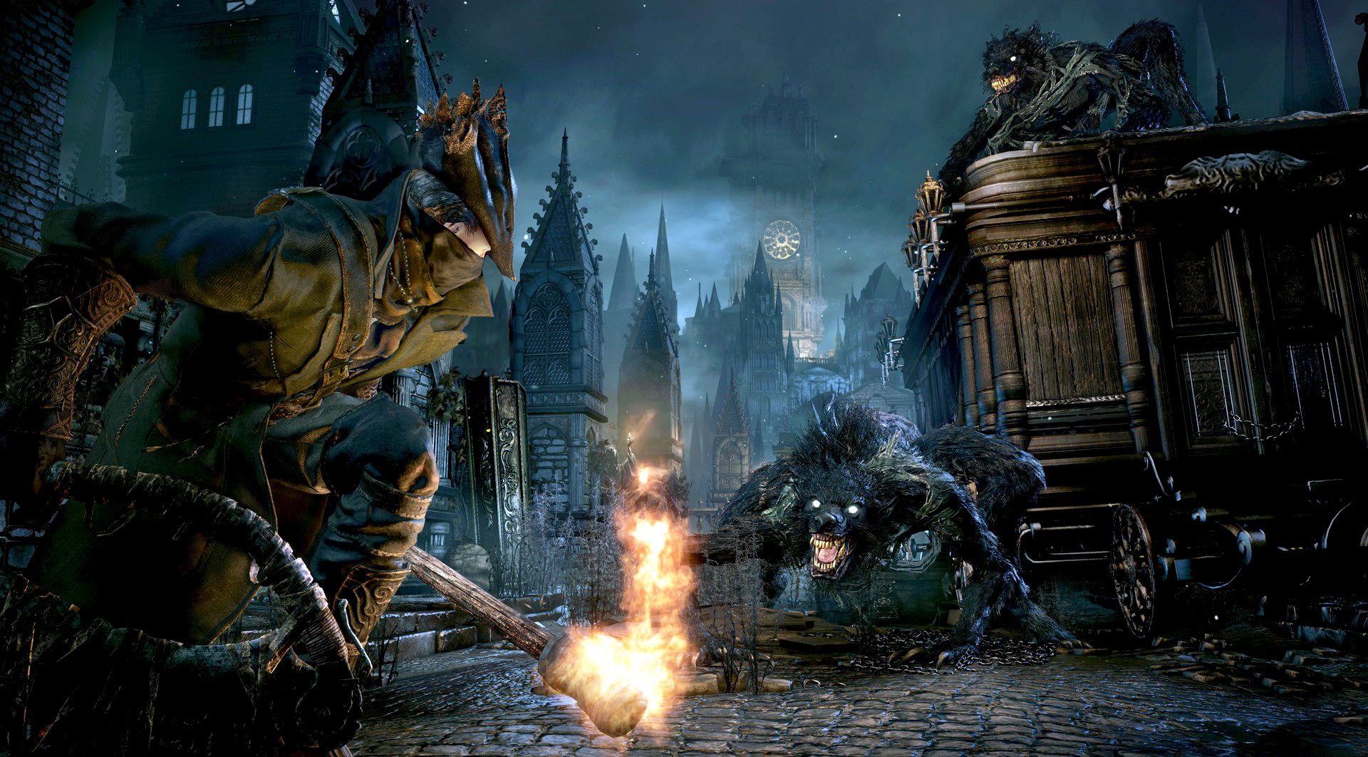 The Bloodborne hunter faces off against a werewolf in front of a small fire in a gothic town square.