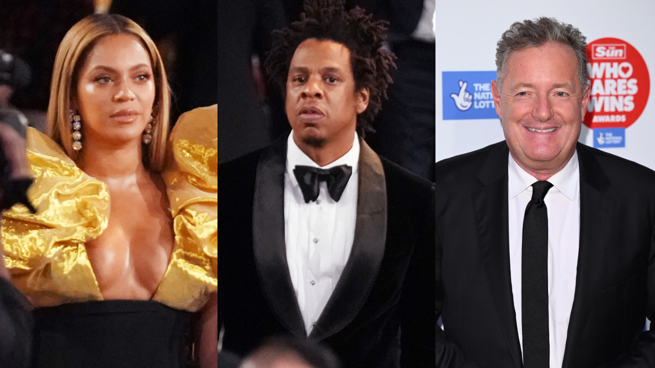 Split image. Left: Beyonce. Center: Jay-Z. Right: Piers Morgan.