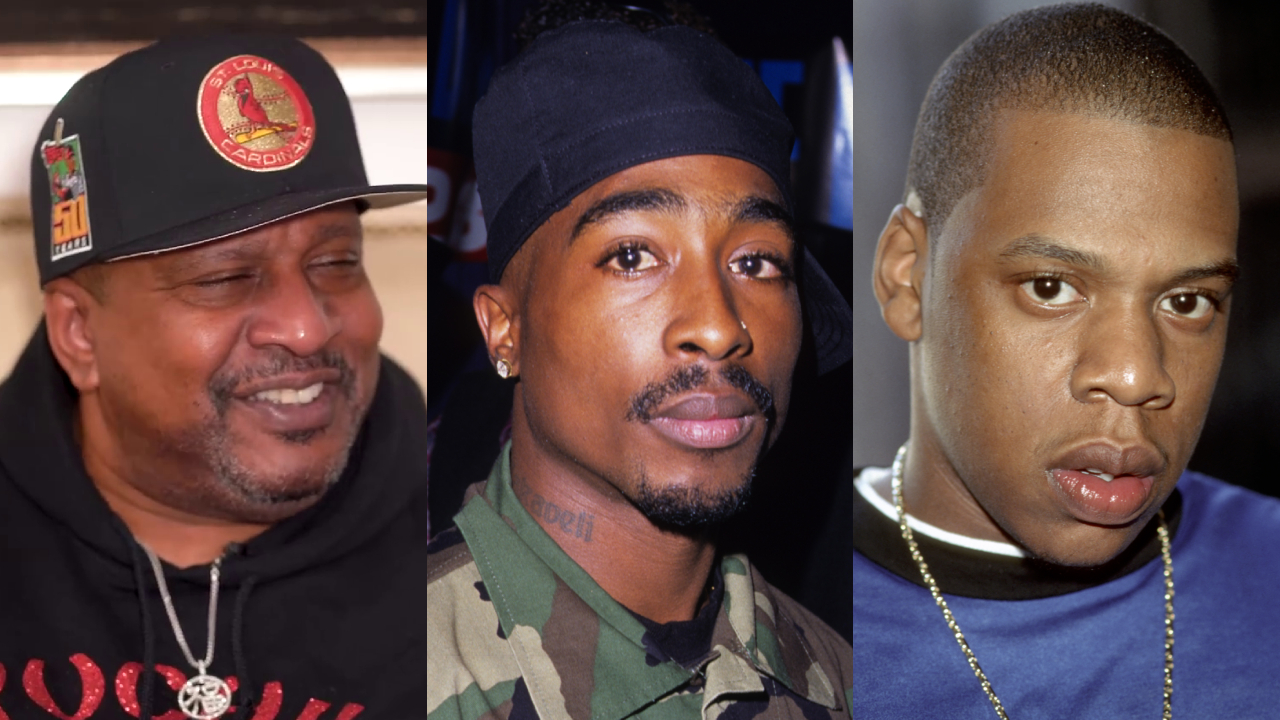 Split image. Left: Gene Deal. Center: 2pac. Right: Jay-Z