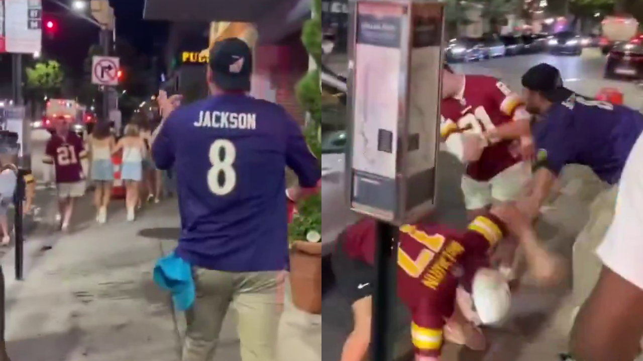 A screenshot from a video showing Ravens fan attacking Commanders fans.
