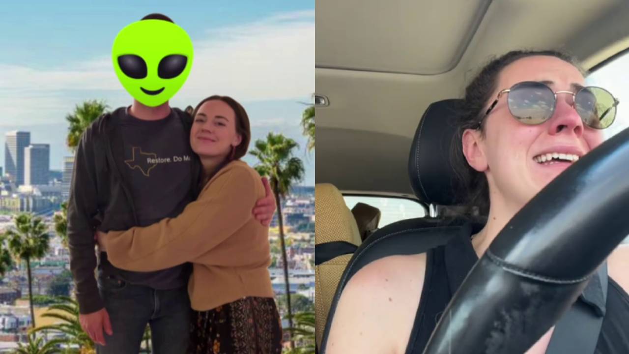 Split image. Left: Spritely with her now ex-boyfriend, who's face is covered with an emoji. Right: Spritely crying behind the wheel of her car.