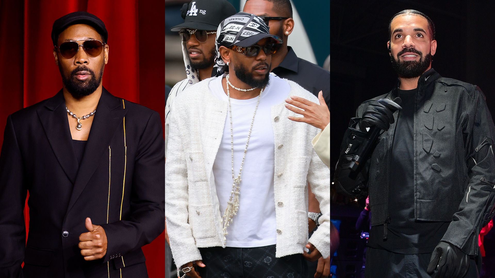RZA attends the 2024 Academy Museum Gala, Kendrick Lamar attends the Chanel Haute Couture Fall/Winter 2023/2024 show, Drake performs at a show with 21 Savage.