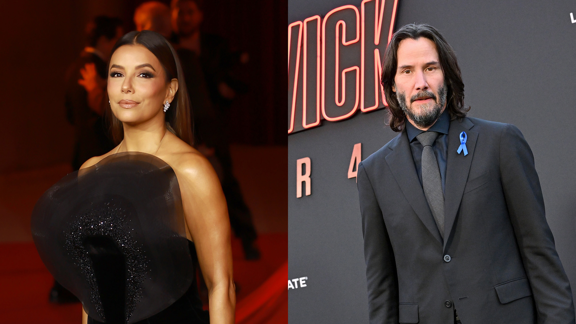 Eva Longoria in a black dress on the red carpet and Keanu Reeves in a suit at a movie premiere.