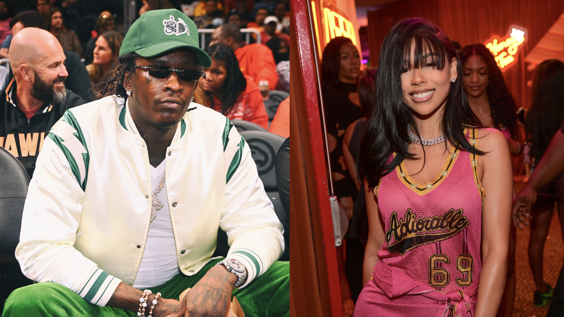 Rapper Young Thug attends the game between Golden State Warriors and the Atlanta Hawks at State Farm Arena on March 25, 2022 in Atlanta, Georgia/Mariah The Scientist attends Latto "Sugar Honey Iced Tea" Album Release Party on August 10, 2024 in Atlanta, Georgia.