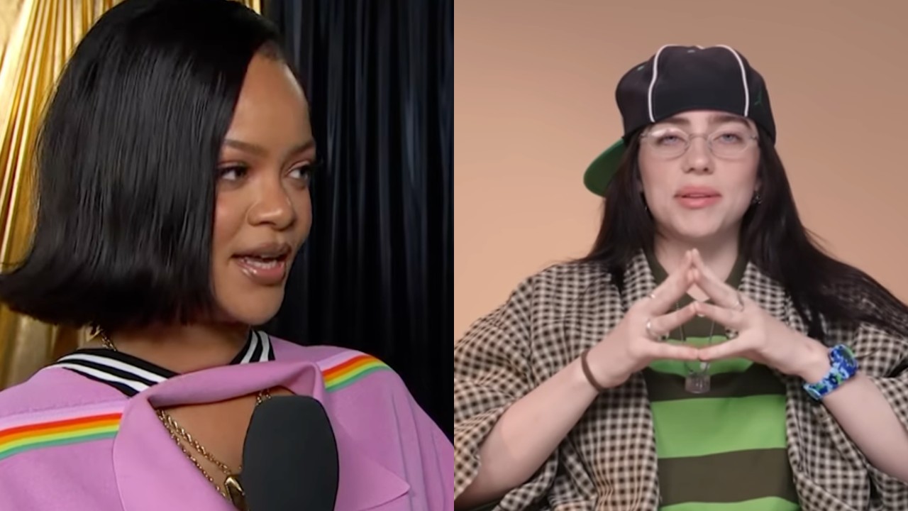 Rihanna in a pink outfit with a rainbow stripe, and Billie Eilish wearing a cap and checkered shirt, both in separate frames.