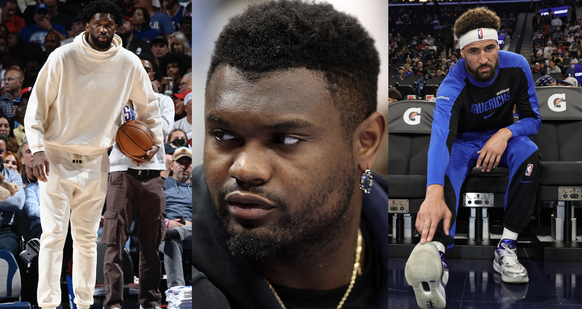 Joel Embiid in a white outfit, Zion Williamson in a close-up, and Klay Thompson adjusting his shoe courtside.
