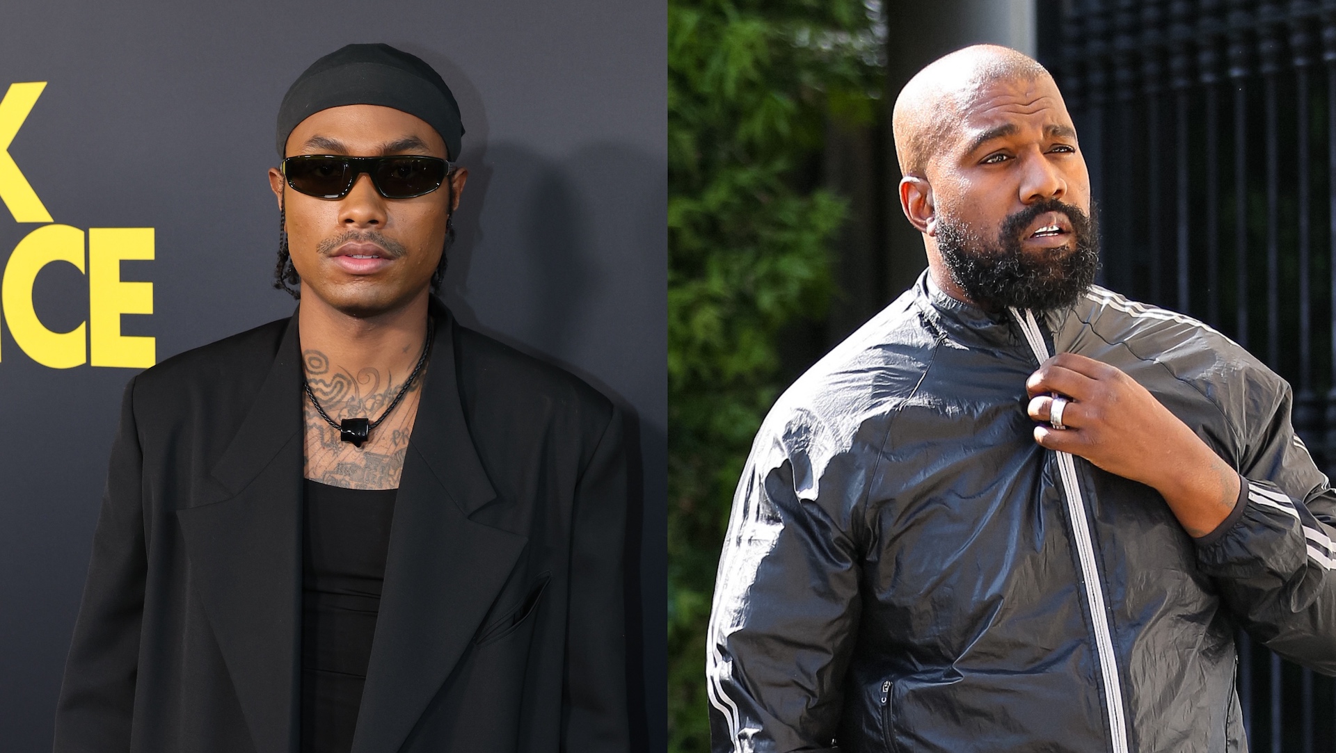Two images side by side: Steve Lacy in sunglasses and a black outfit, and Kanye West in a shiny jacket outdoors.