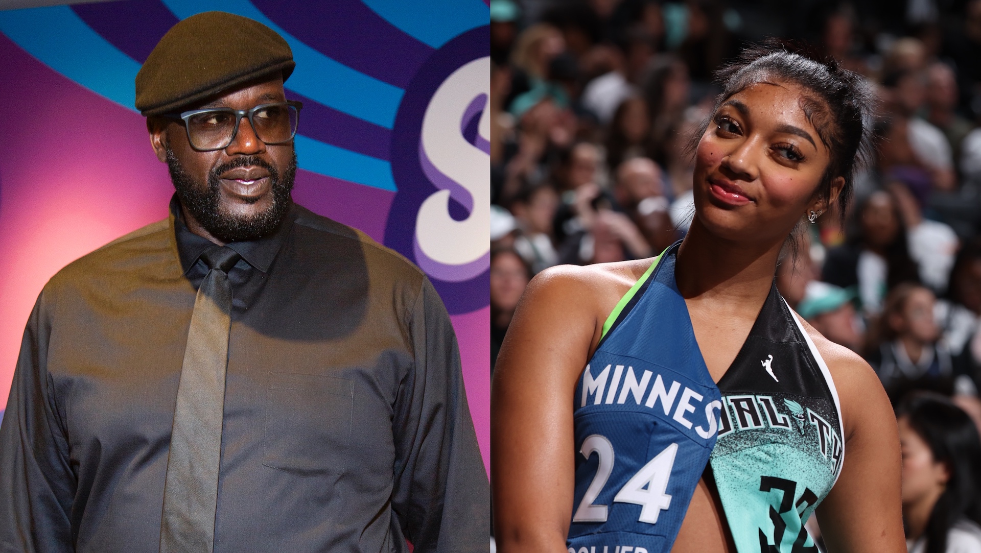 Shaquille O'Neal in a black shirt and cap on the left; Angel Reese in a basketball jersey on the right.