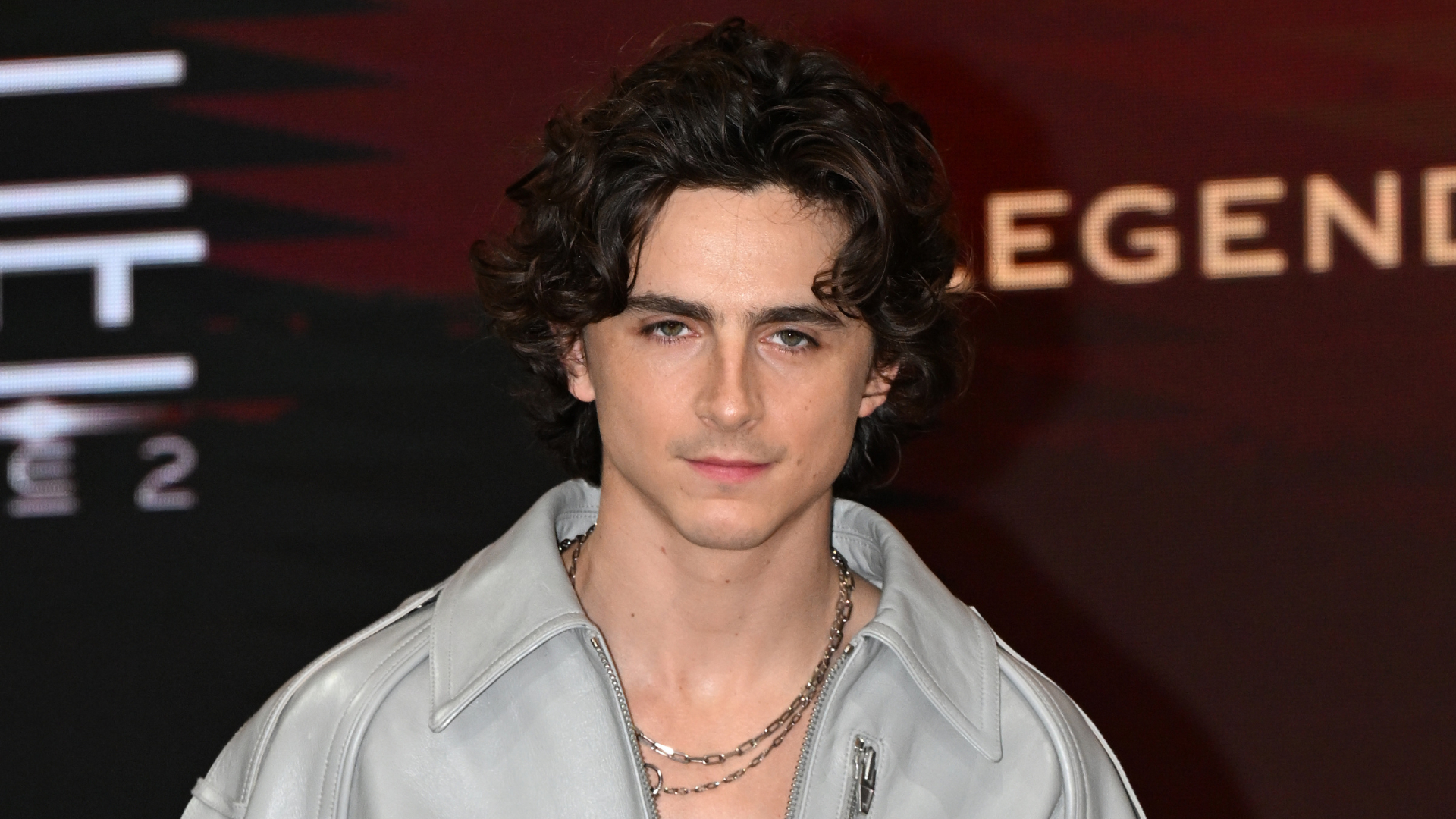 Timothée Chalamet at a red carpet event, wearing a light gray leather jacket and layered necklaces, with a dark backdrop.