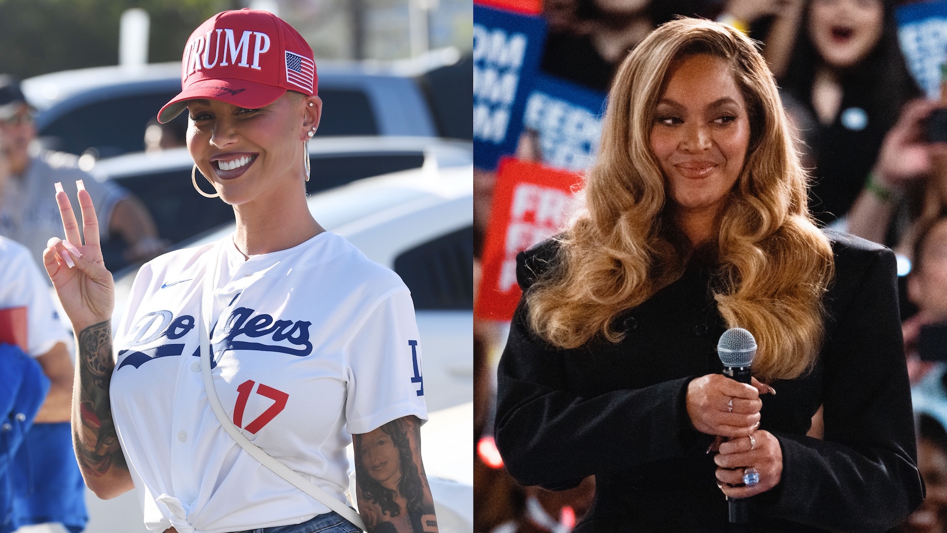 Amber Rose in a Dodgers jersey and Trump cap, flashing a peace sign. Beyoncé holding a microphone, smiling at an event.