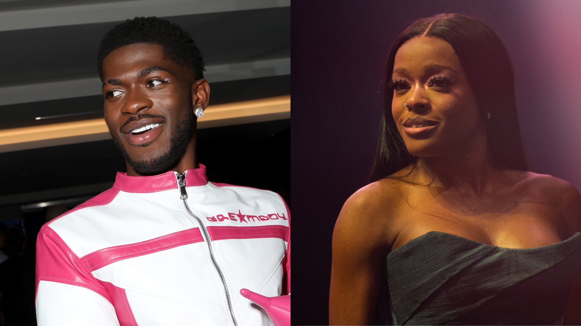 Lil Nas X in a white and pink jacket smiles on the left; Azealia Banks in a dark dress looks to the right.