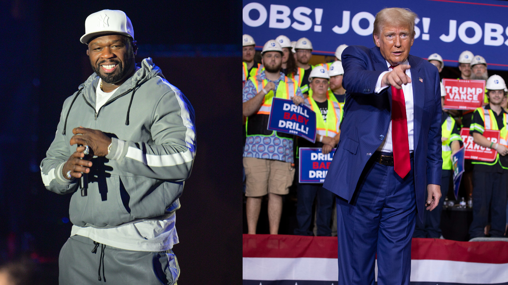 Rapper 50 Cent in a gray tracksuit on stage and Donald Trump in a blue suit at a rally with supporters holding signs.