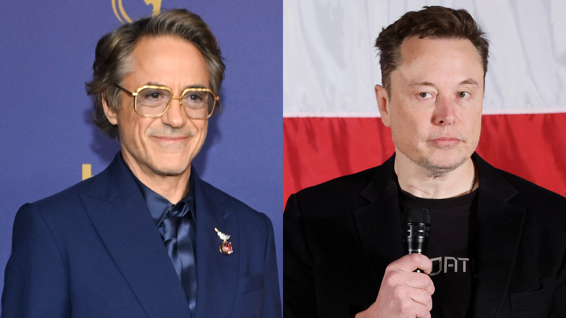 Robert Downey Jr. in a blue suit and glasses, and Elon Musk in a black shirt holding a microphone, with a flag backdrop.