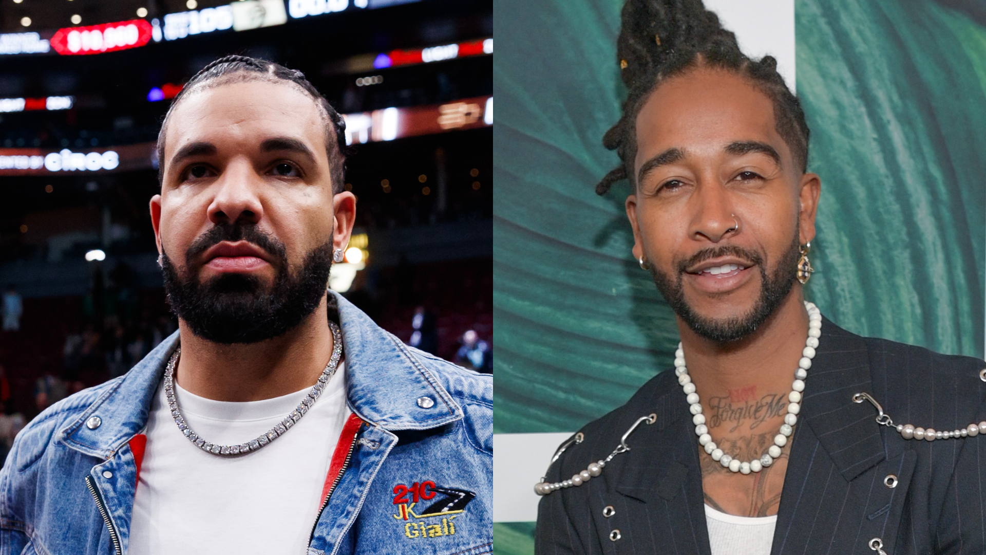 Drake in a denim jacket and Omarion in a black outfit with pearl accessories.