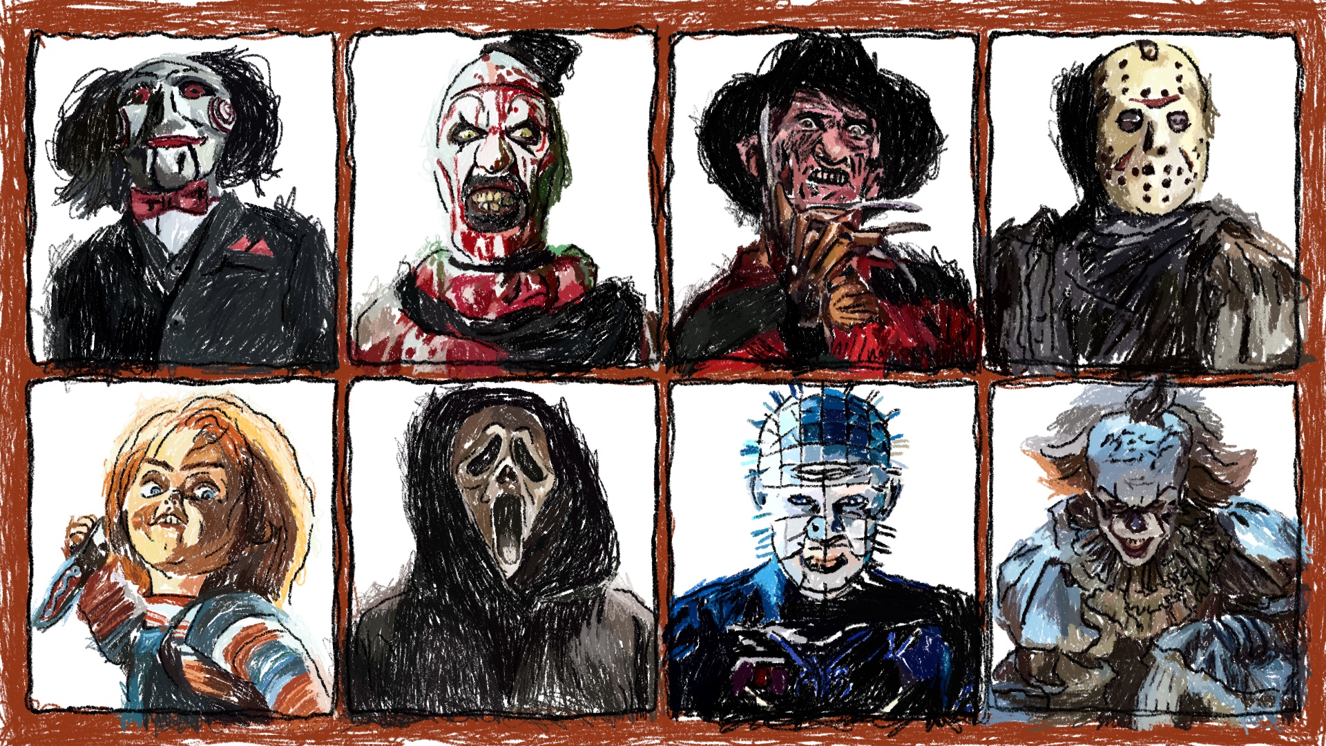 Illustration of iconic horror characters: Jigsaw, Art the Clown, Freddy Krueger, Jason Voorhees, Chucky, Ghostface, Pinhead, and Pennywise; scariest slasher movies
