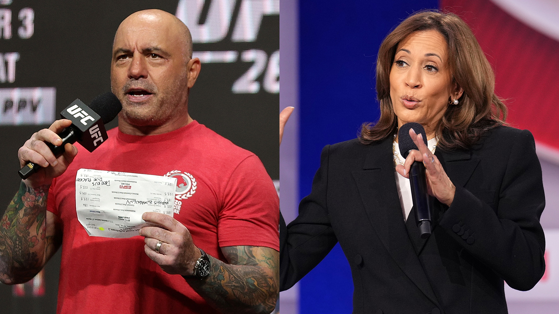 Joe Rogan commentating at a UFC event, Kamala Harris talks at a CNN Presidential Town Hall.