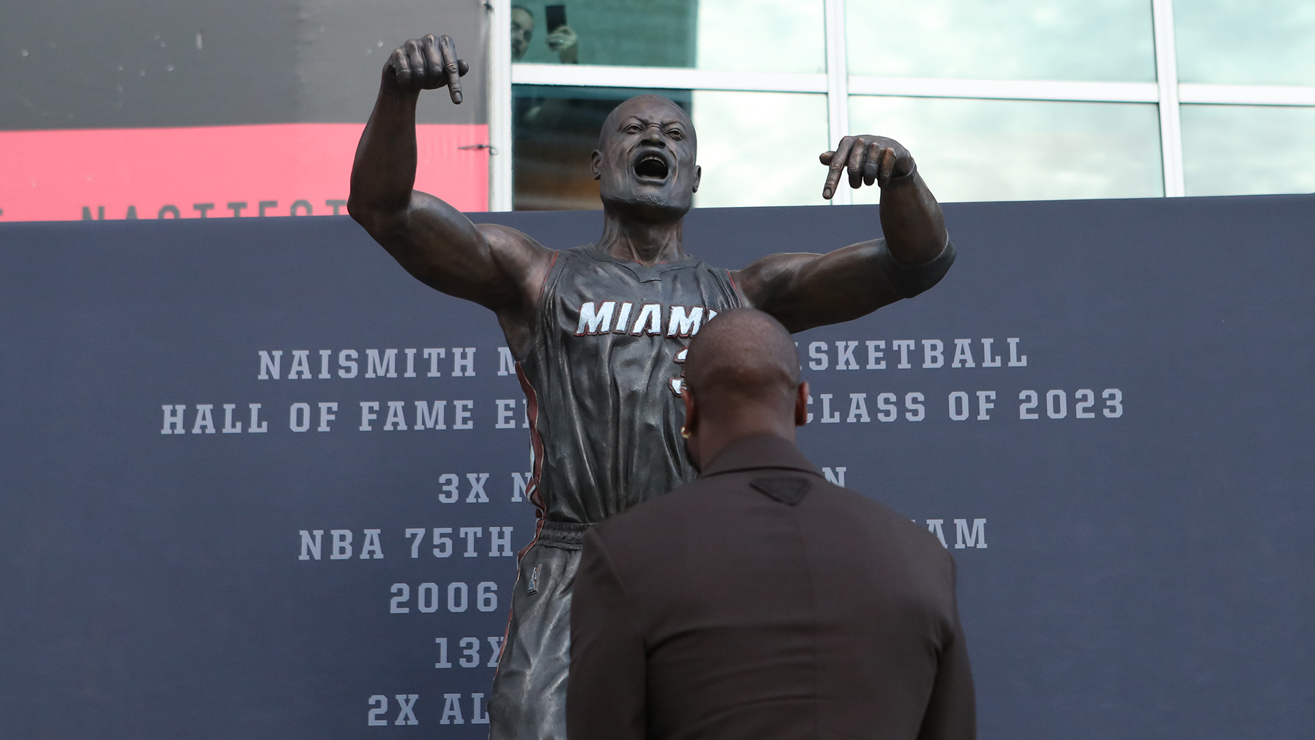 Dwyane Wade looks on during Dwyane Wade's statue unveiling 