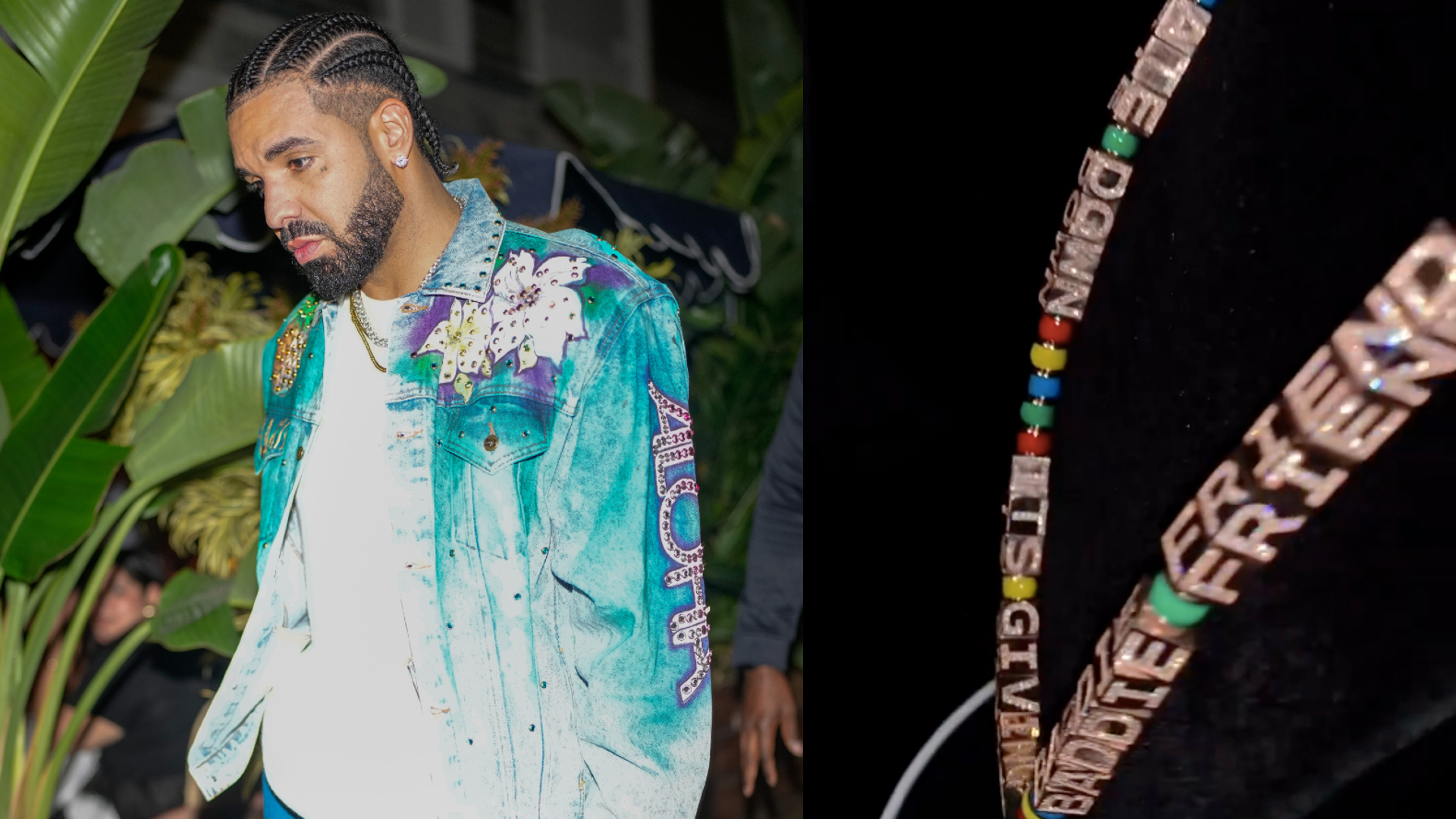 Drake walking outside in a colorful denim jacket with braided hair. Close-up of a beaded necklace with letters spelling "IT'S GIVIN."