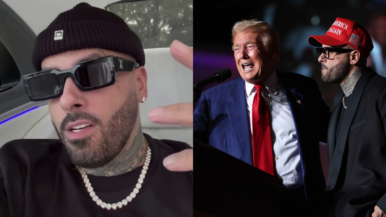 On the left, Nicky Jam with sunglasses and a beanie. On the right, Donald Trump in a suit with a red tie, next to Nicky Jam in a red "Make America Great Again" hat.