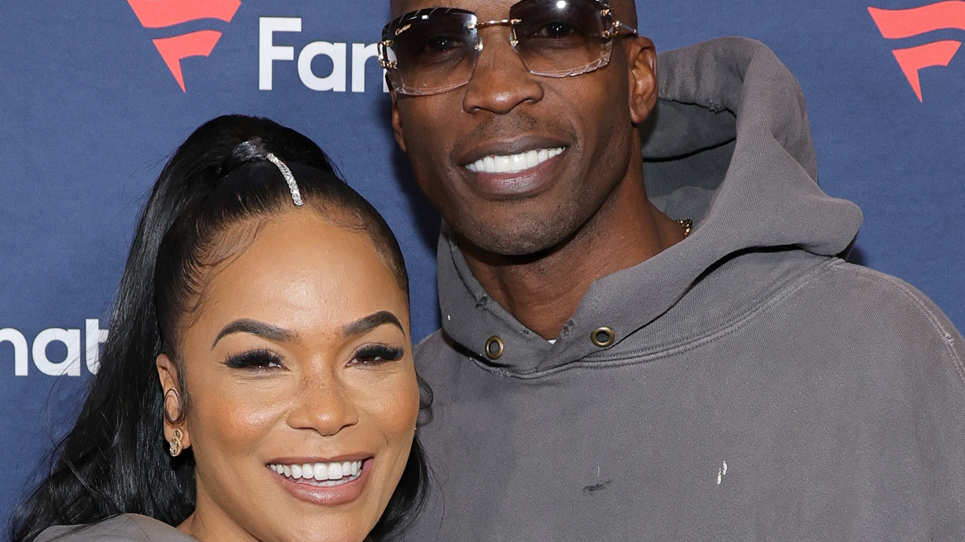 Sharelle Rosado (L) and Chad "Ochocinco" Johnson attend Michael Rubin's Fanatics Super Bowl party at the Marquee Nightclub at The Cosmopolitan of Las Vegas on Feb. 10, 2024.