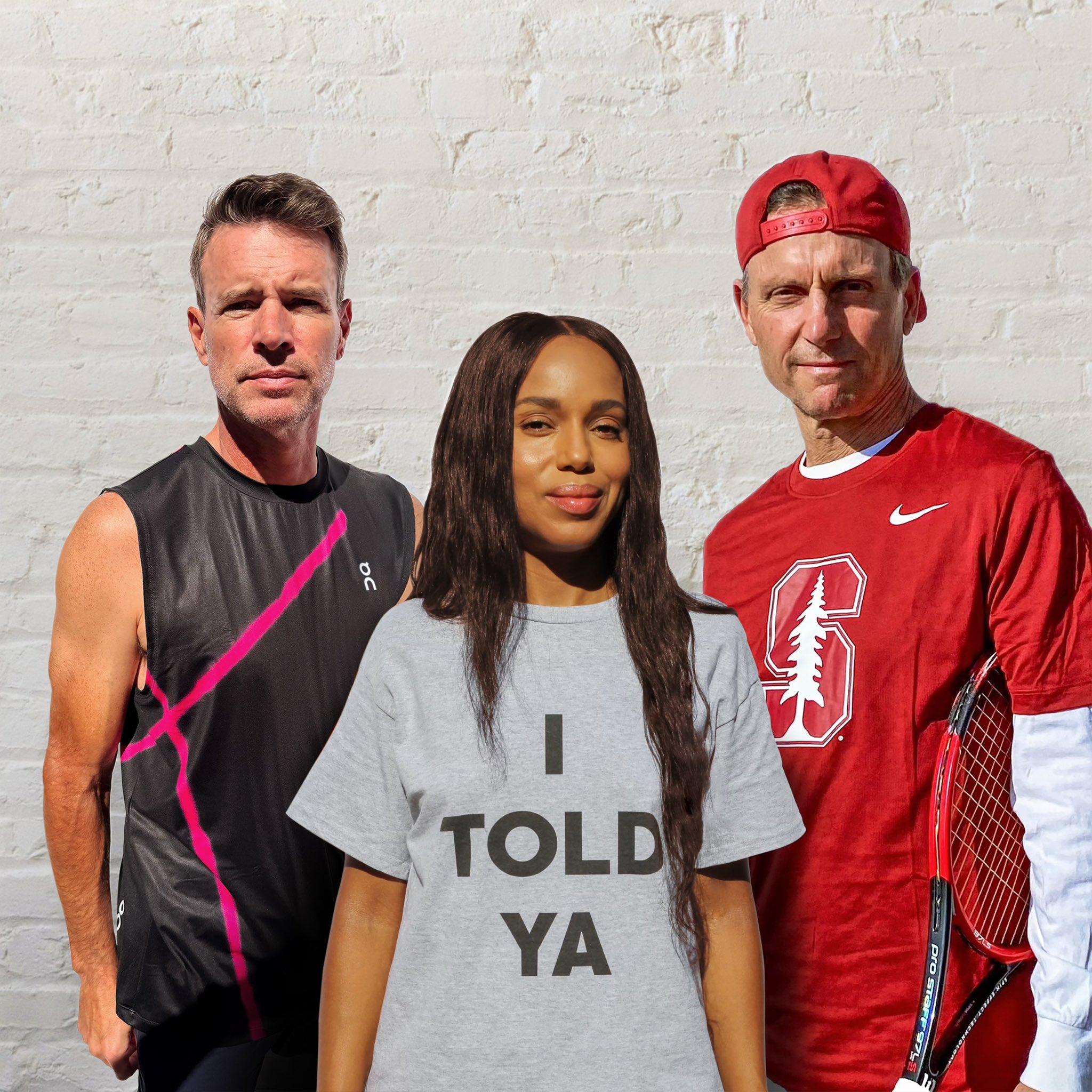 Three people stand in front of a brick wall. The woman wears a shirt with "I TOLD YA," and the men are in athletic gear.