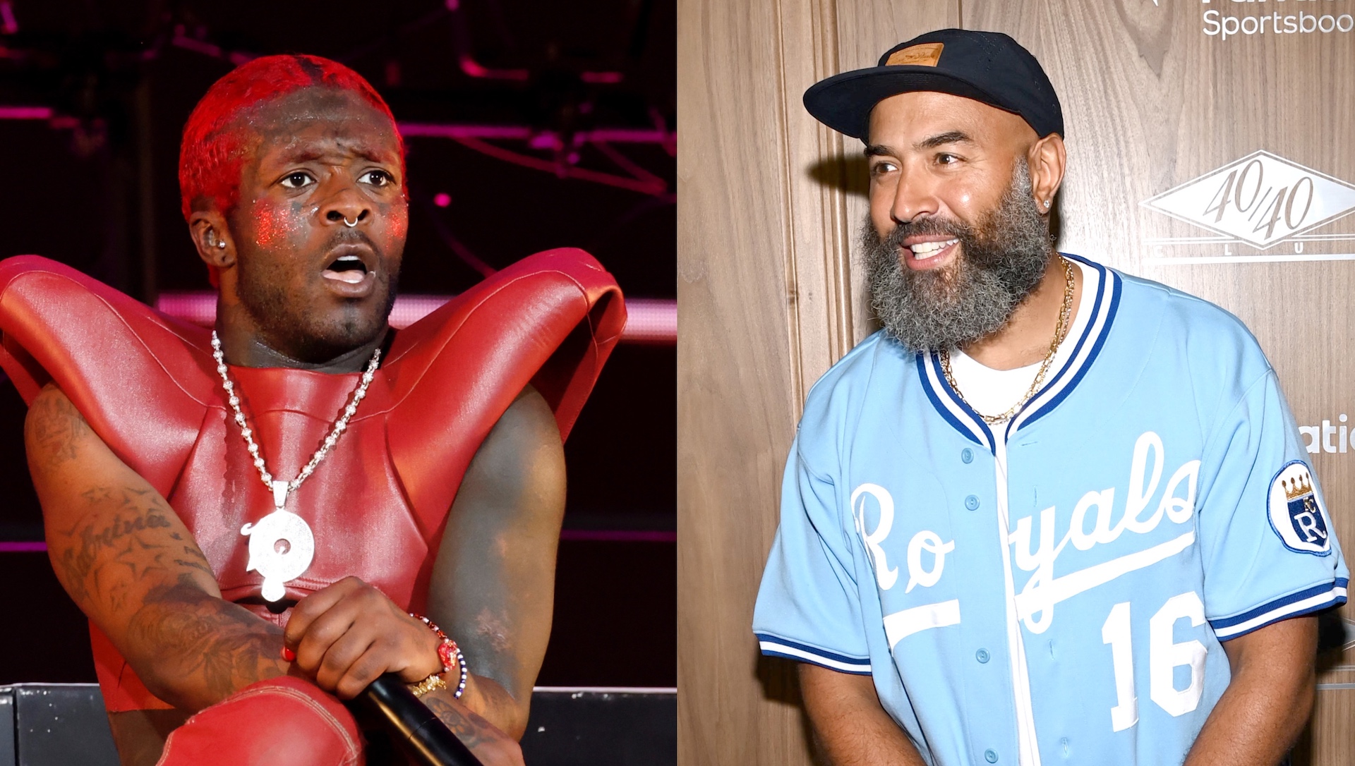 Lil Uzi Vert performing in a red outfit with red hair on the left; Ebro Darden in a Royals jersey and cap on the right.
