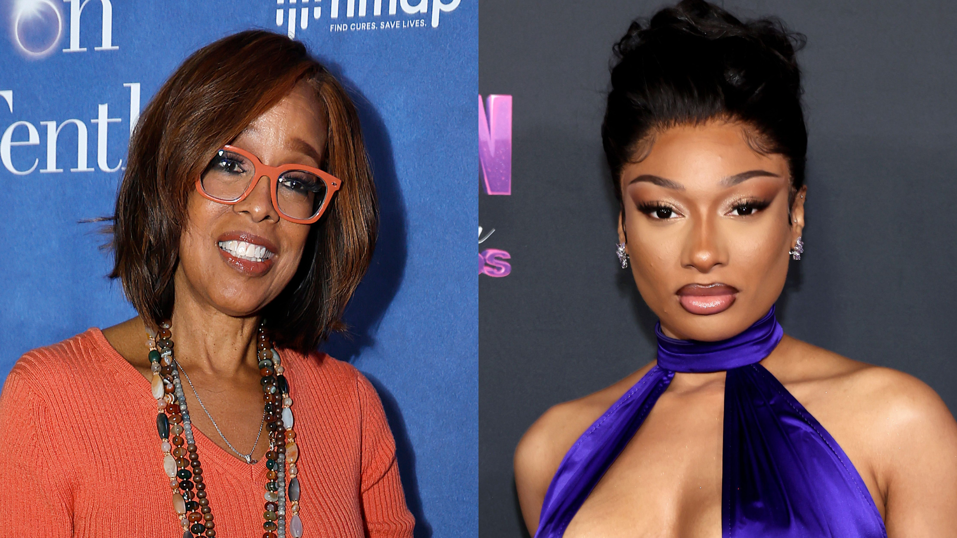 Gayle King in an orange top and glasses, and Megan Thee Stallion in a purple dress, both smiling at separate events.