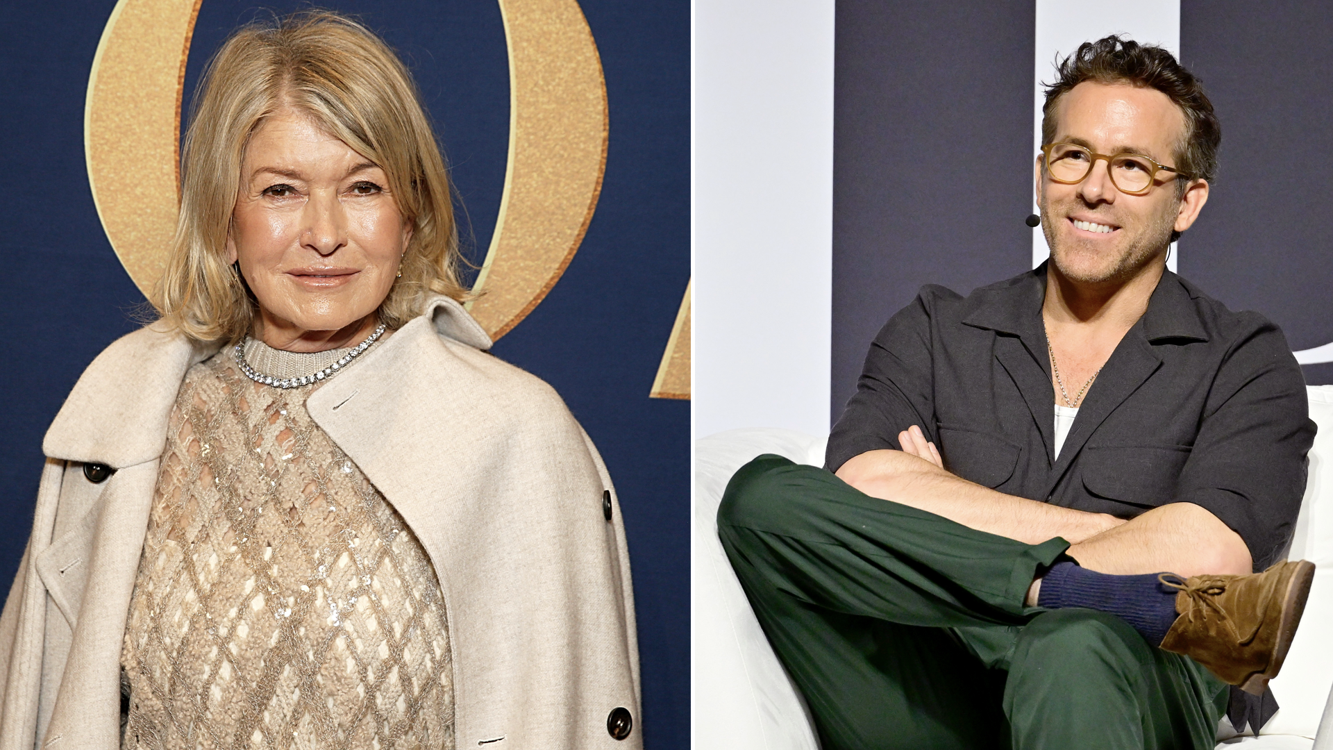 Martha Stewart attends the 2024 WWD Honors at Cipriani South Street on October 29, 2024 in New York City/Ryan Reynolds speaks onstage during the Fast Company Innovation Festival 2024 at BMCC Tribeca PAC on September 17, 2024 in New York City
