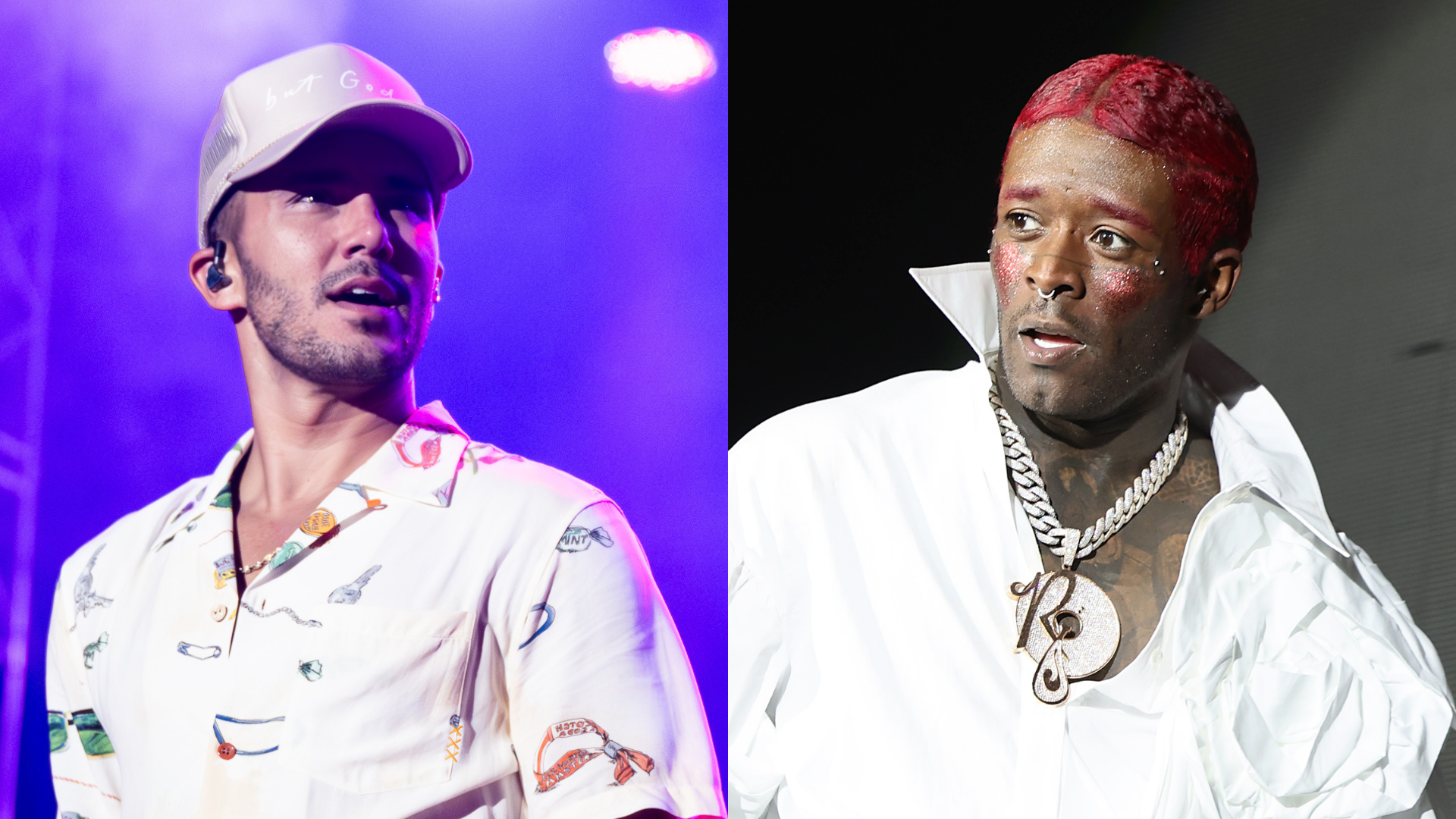 Carlos PenaVega in a patterned shirt and cap, and Lil Uzi Vert with red hair and a white outfit, each performing on stage.