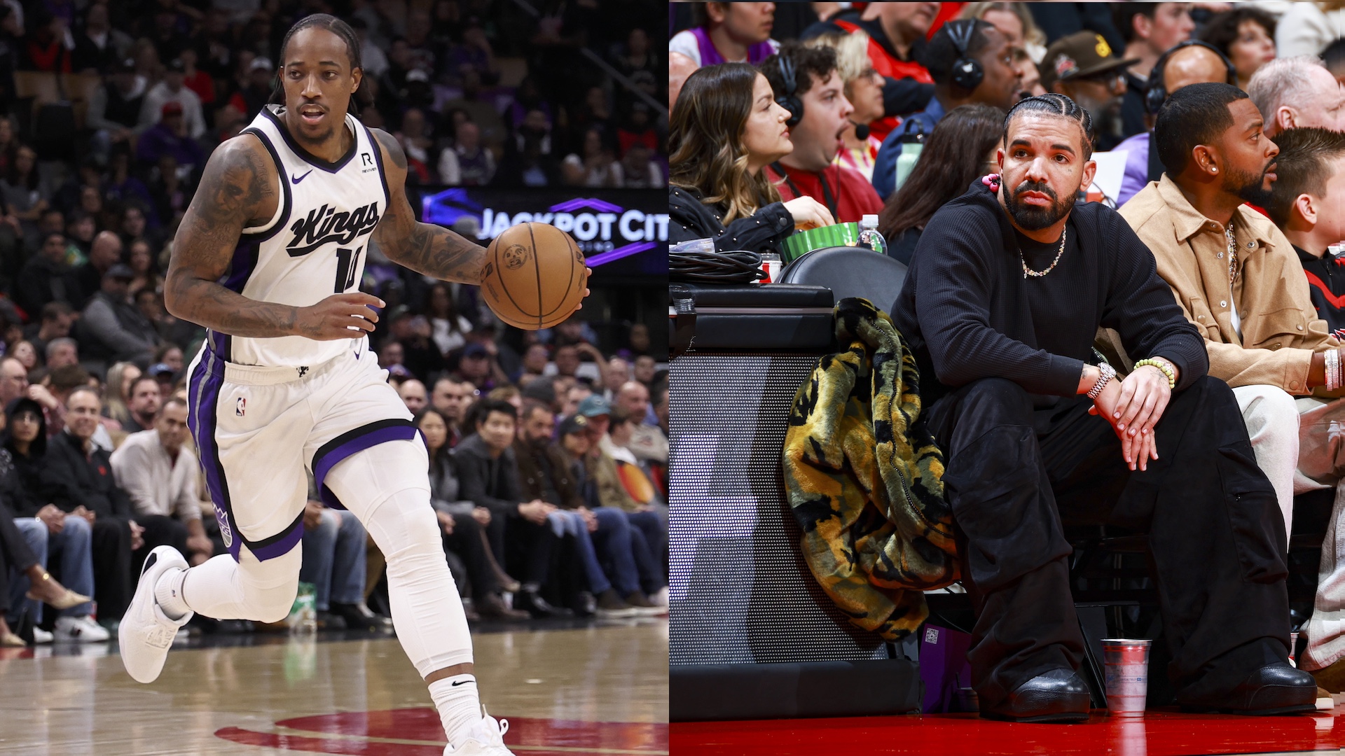 Basketball playerDeMar DeRozan dribbles on court; Drake sits courtside in black attire, watching the game.