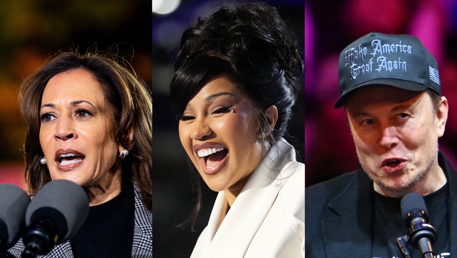 Kamala Harris speaking, Cardi B smiling, and Elon Musk wearing a "Make America Great Again" hat, each at separate events.