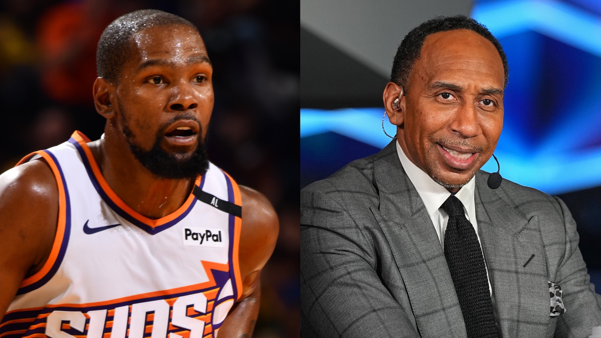 Kevin Durant in a Phoenix Suns jersey on the left, and Stephen A. Smith, wearing a suit with a headset, on the right.