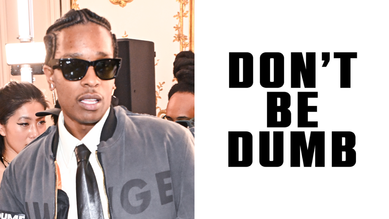 A$AP Rocky wearing sunglasses and a jacket at an event, next to text reading "DON'T BE DUMB."
