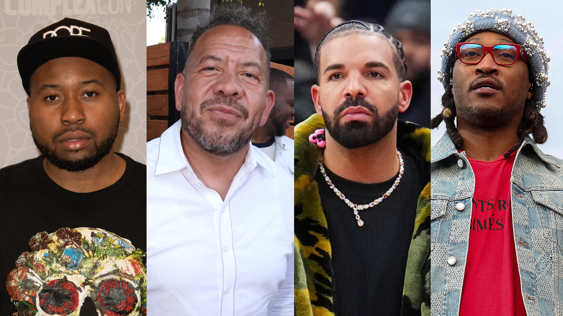 DJ Akademiks, Elliott Wilson, Drake, and Future in a collage. DJ Akademiks wears a cap, Elliott Wilson is in a white shirt, Drake has a fur coat, and Future wears a beanie and glasses.