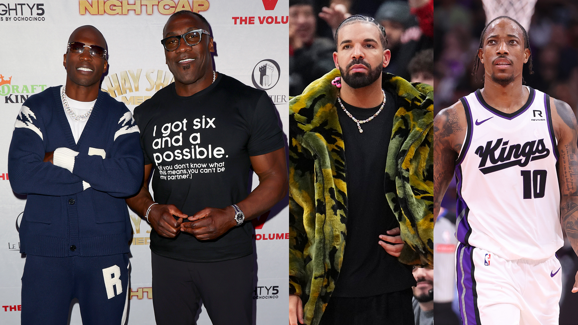 Chad Ochocino, Shannon Sharpe, Drake, and DeMar DeRozan in a split image.