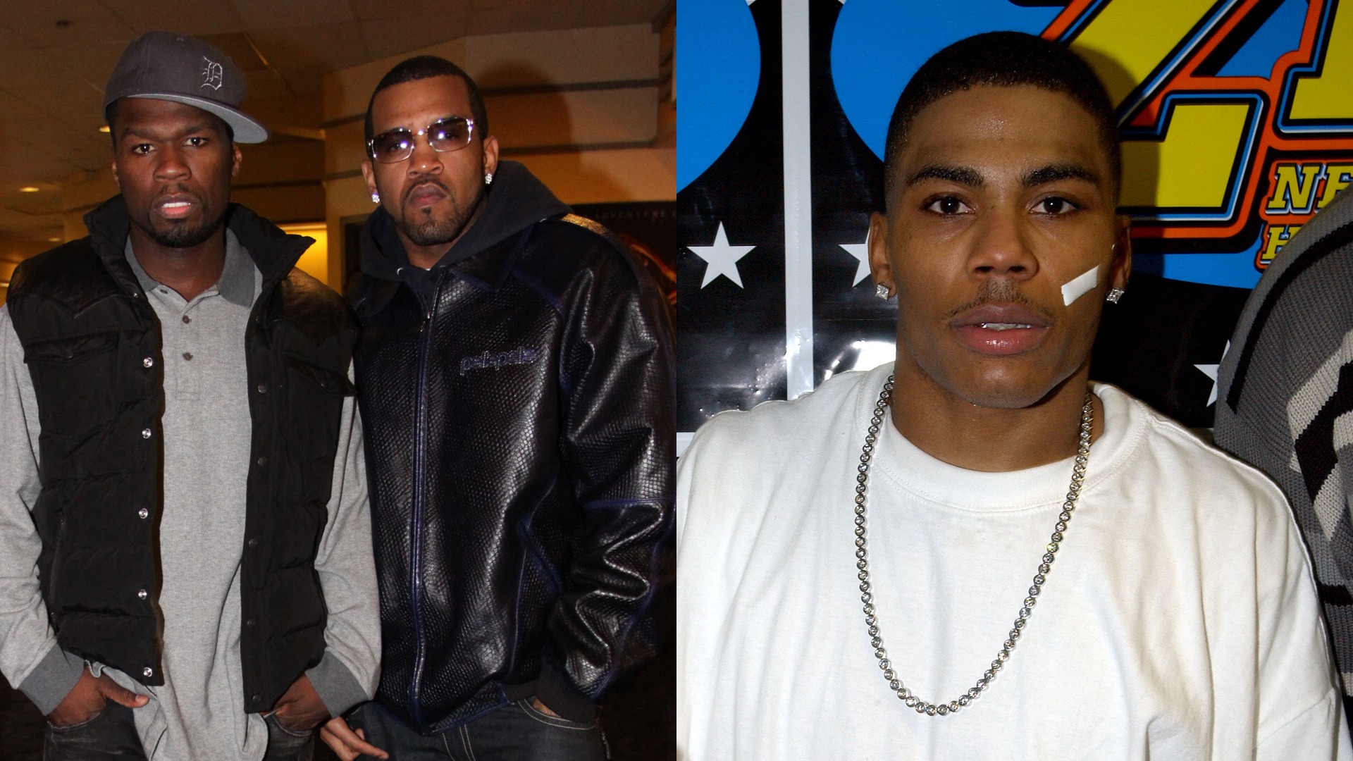 Split image of 50 Cent standing next to Lloyd Banks and Nelly.